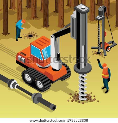 Geotechnical exploration drilling machinery isometric composition with engineers workers performing forest soil sampling groundwater test vector illustration