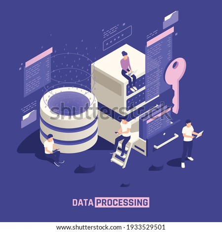 Data processing poster with server data storage hardware access key to big data isometric icons vector illustration