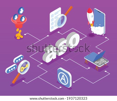 App store optimization isometric flowchart with search growth technology smartphone symbols 3d vector illustration