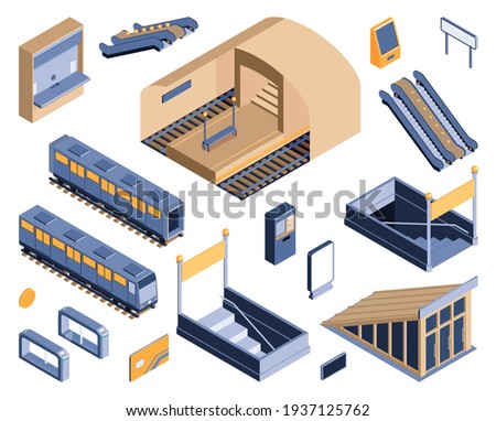 Subway metro underground railway transportation isometric set with entry exit staircases escalator ticket card coach vector illustration