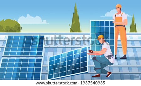 Solar panels installation flat composition with two male characters working on roof top vector illustration