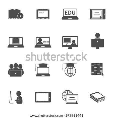 Online education e-learning silhouette video tutorial training icons set vector illustration