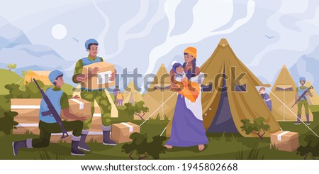 Peacekeepers humanitarian aid flat composition with the military gives food and water to refugees in the tent city vector illustration