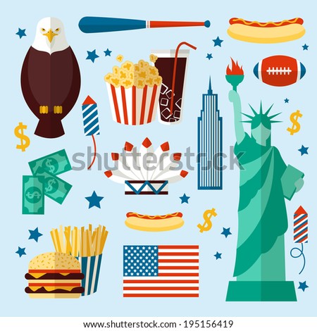 New York USA set of liberty statue skyscraper fast food isolated vector illustration