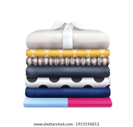 Clothes stacks realistic composition with stack of colorful striped and polka dot wear vector illustration