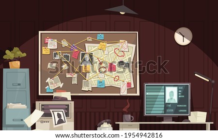 Detective office interior flat cartoon composition with crime scene diagram board computer monitor criminal profile vector illustration