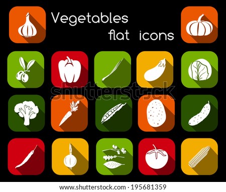 Vegetable organic food flat icons set of olive pepper chives cabbage isolated vector illustration.