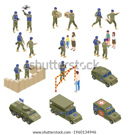 UN peacekeepers soldiers military officers providing humanitarian assistance using drones armed convoy vehicles isometric set vector illustration