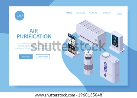 Air purification quality control isometric web site landing page with clickable links buttons and editable text vector illustration