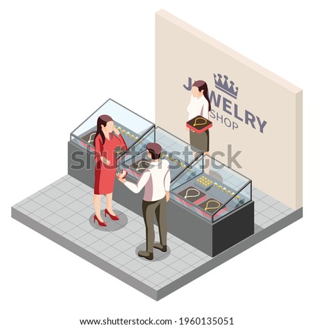 Jewelry production isometric composition with view of fashion jewelry store with display counter seller and customers vector illustration