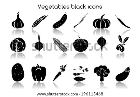 Vegetable organic food black icons set of garlic peas cucumber chives isolated vector illustration