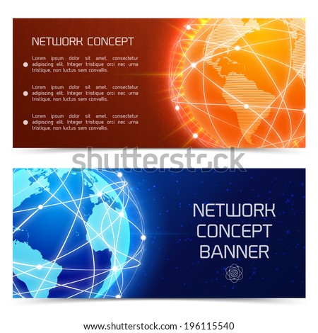 Network globe orange and blue sphere earth map banners set isolated vector illustration