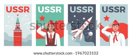 Ussr poster set of vertical banners with text and young pioneer characters with kremlin and rocket vector illustration