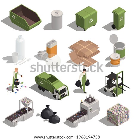 Garbage recycling color set of pressed waste container tank truck conveyor isometric icons isolated vector illustration