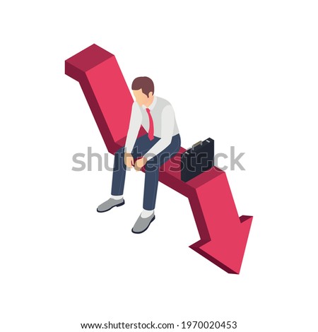 Professional burnout depression frustration isometric composition with business worker character sitting on down arrow vector illustration
