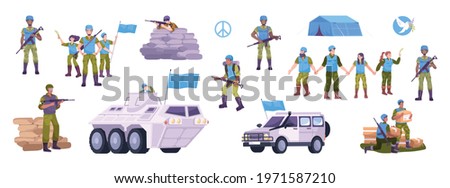 Peacekeepers flat icon set with military in uniform and with flags tanks and military vehicles tents and uniforms vector illustration