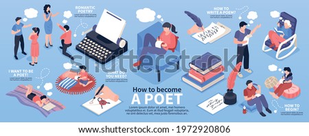 Poetry isometric infographic set with literature and poem symbols vector illustration