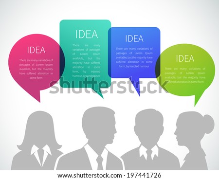 Business meeting concept with people silhouettes and idea speech bubbles vector illustration