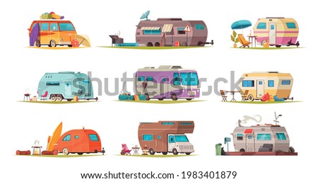 Camping vacation recreational vehicles flat cartoon set camper caravan trailer bus house on wheels isolated vector illustration