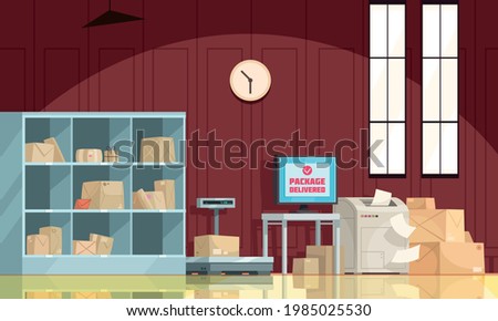 Post office interior with delivered packages storage parcel on scales declarations falling from printer cartoon vector illustration  
