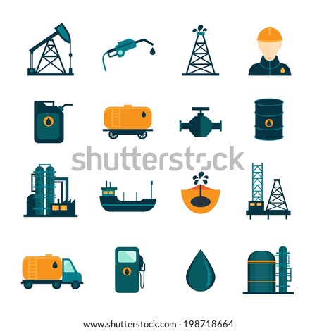 Oil industry drilling refining process petroleum transportation icons set with oilman and pump flat isolated vector illustration