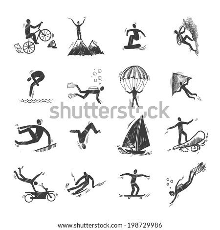 Extreme sports icons sketch of diving climbing sailing isolated doodle vector illustration