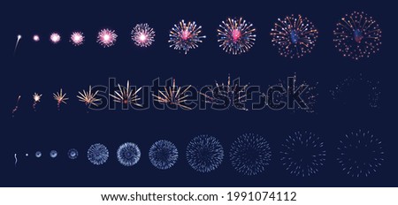 Firework animation realistic set with fun and holiday symbols isolated vector illustration