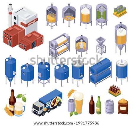 Set of isolated brewery beer production isometric icons and isolated images of facilities with ready products vector illustration