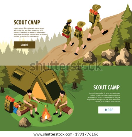 Scout camp horizontal banners advertising outdoor activities accompanied by instructor help isometric vector illustration