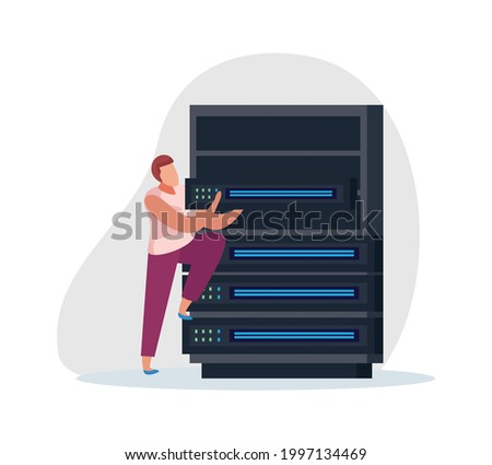 Flat system administrator installing harddisk into server rack icon vector illustration