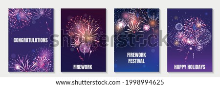 Firework animation realistic poster set with congratulations and festival symbols isolated vector illustration