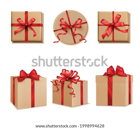 Gifts presents square cube and round red ribbon decorated boxes top side views set realistic vector illustration