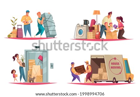 House moving service concept 4 cartoon compositions with movers packers carrying family belongings into van vector illustration Stock foto © 