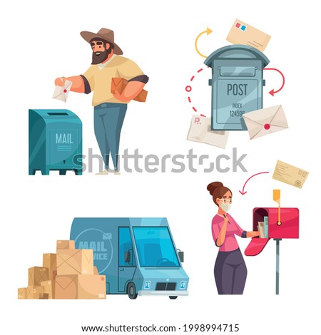 Post office 4 cartoon compositions dropping letter in mailbox postal service vehicle american style letterbox vector illustration