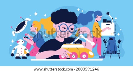 Robotics for children colored background with clever kids building electronic smart toys flat vector illustration