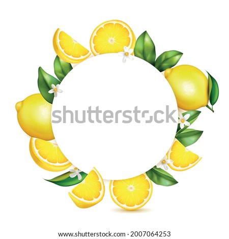 Citrus lemon fresh fruit leaves blossoms realistic circular composition round frame on white background isolated image vector illustration