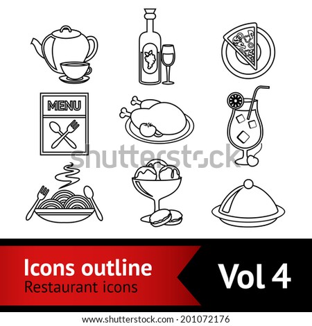 Restaurant food drink menu decorative outline dishes icons set isolated vector illustration.