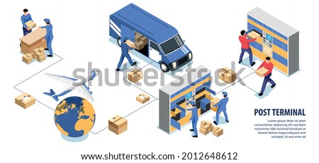 Post terminal isometric infographics with air and ground transportation delivering customer online purchases vector illustration
