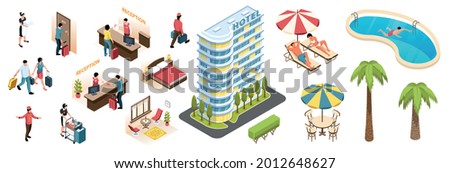 Hotel interior and exterior isometric icons set with human characters building swimming pool bed lounge 3d isolated vector illustration