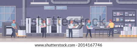 Cartoon printing house polygraphy composition the workday at the printer and five people perform their job duties vector illustration