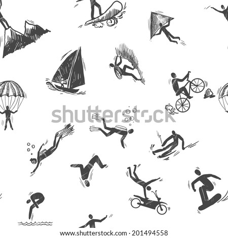 Extreme sports icon sketch seamless pattern of snorkeling surfing ...