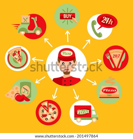 Fast food pizza delivery boy decorative icons set isolated vector illustration