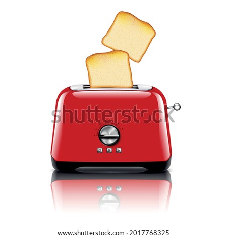 Toaster realistic composition with image of red plastic toaster with slices of toast bread and shadows vector illustration