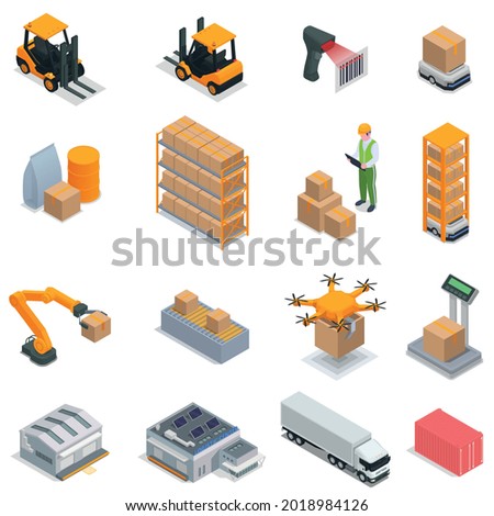 Modern warehouse isometric icon set freight trucks box rack scanners working drones freight scales vector illustration