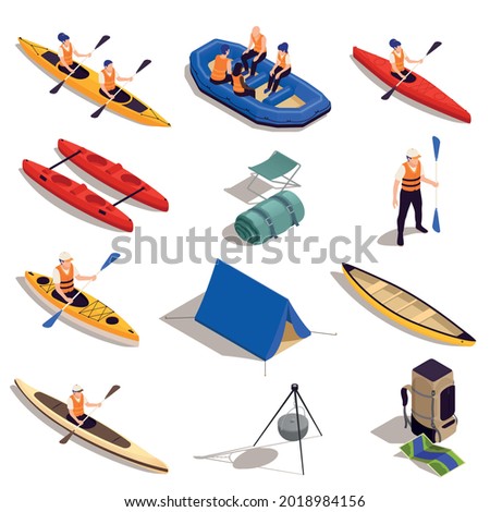 Rafting kayaking canoeing tourism isometric set with raft boats vessels paddles tent campfire tripod people vector illustration