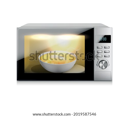 Microwave oven realistic composition with isolated image of working microwave and dish with soup inside it vector illustration