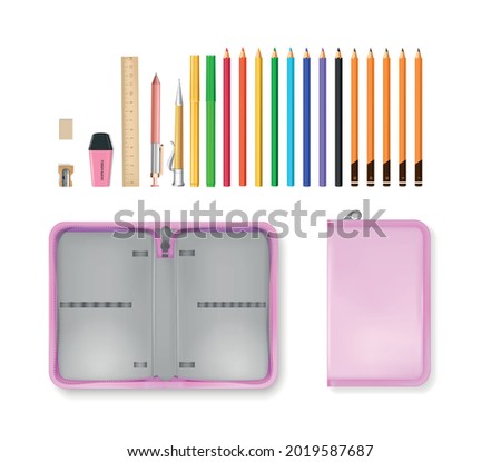 Realistic school accessories open and closed empty pencil case isolated against white background vector illustration