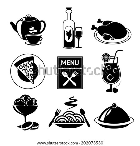Restaurant food drink menu decorative black and white icons set isolated vector illustration.