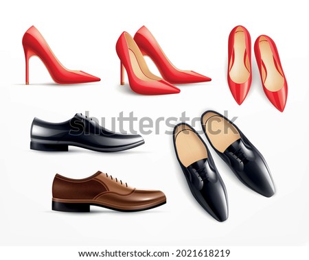 Classic footwear realistic set with red high heels premium black brown leather men smart shoes vector illustration