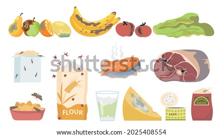 Danger food rotten poison set with flat isolated icons of expired products with mould and insects vector illustration ストックフォト © 